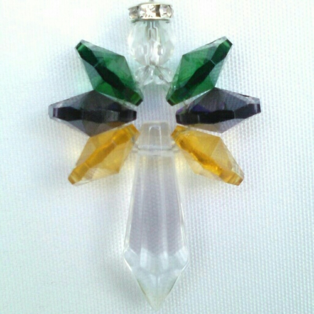 Mardi Gras Crystal Angel Rainbow Maker Sun Catcher Gold Green & Purple Ornament